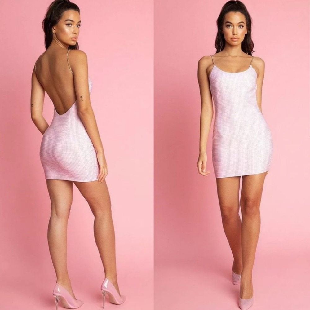 MESHKI X AMBER PINK GINGHAM PEARL DRESS